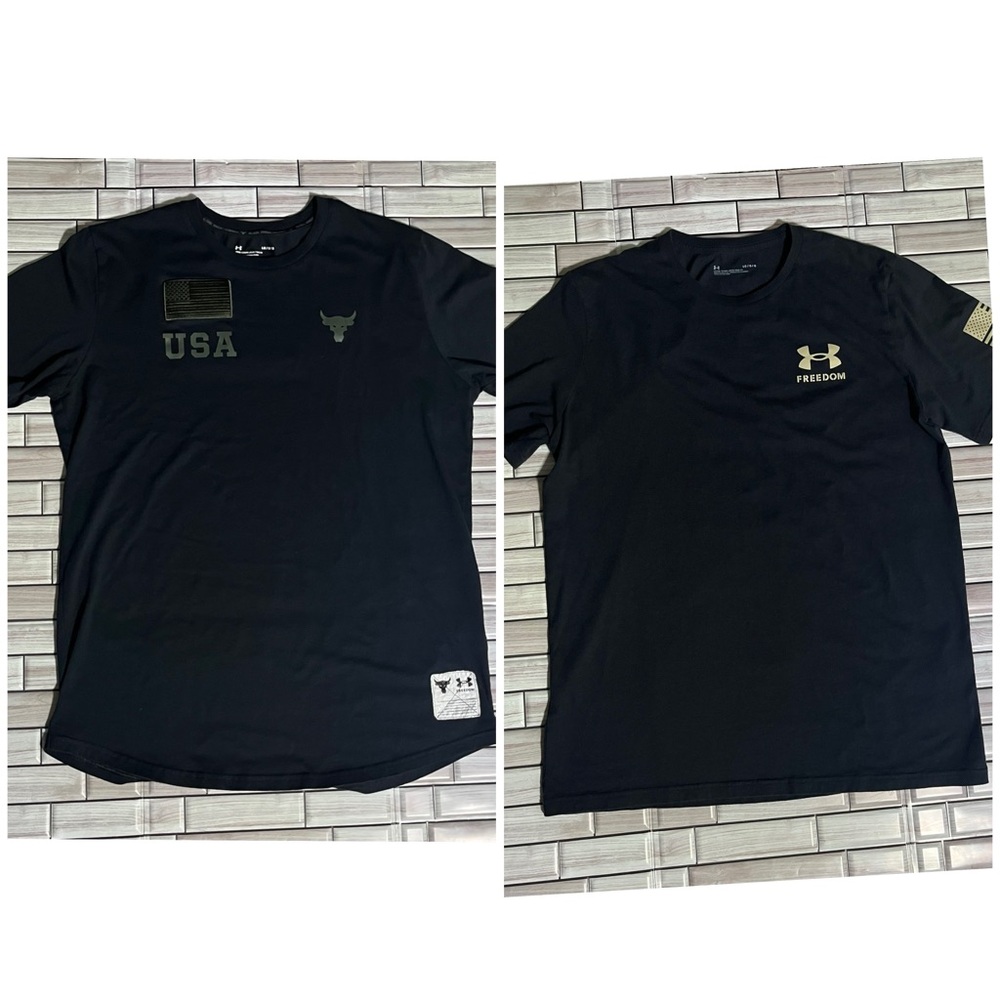 UA Project Rock XL Shirt Veterans Day Embroidered Patch Bull/ UA Flag T-shirt
